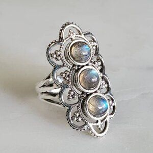 Women's 925 Sterling Silver Rainbow Labradorite Shield Natural Stone Ring